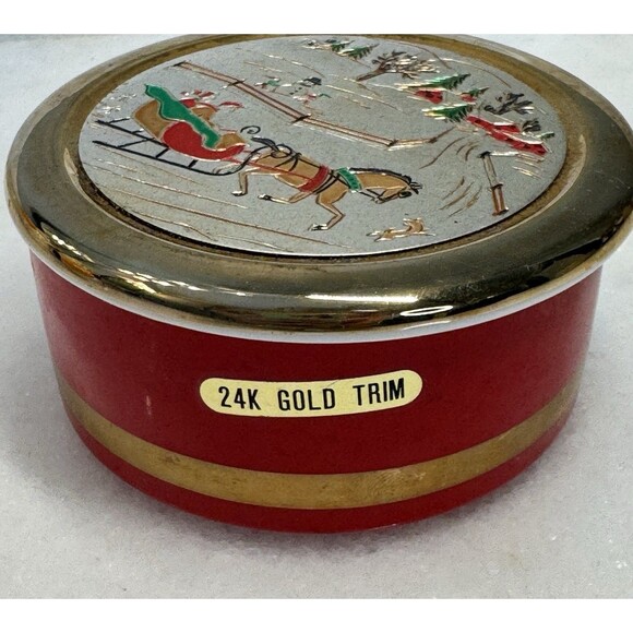 Vintage Happy Holidays Himark Japan Sleigh Ride Scene Trinket Dish 24K Trim - Picture 1 of 6